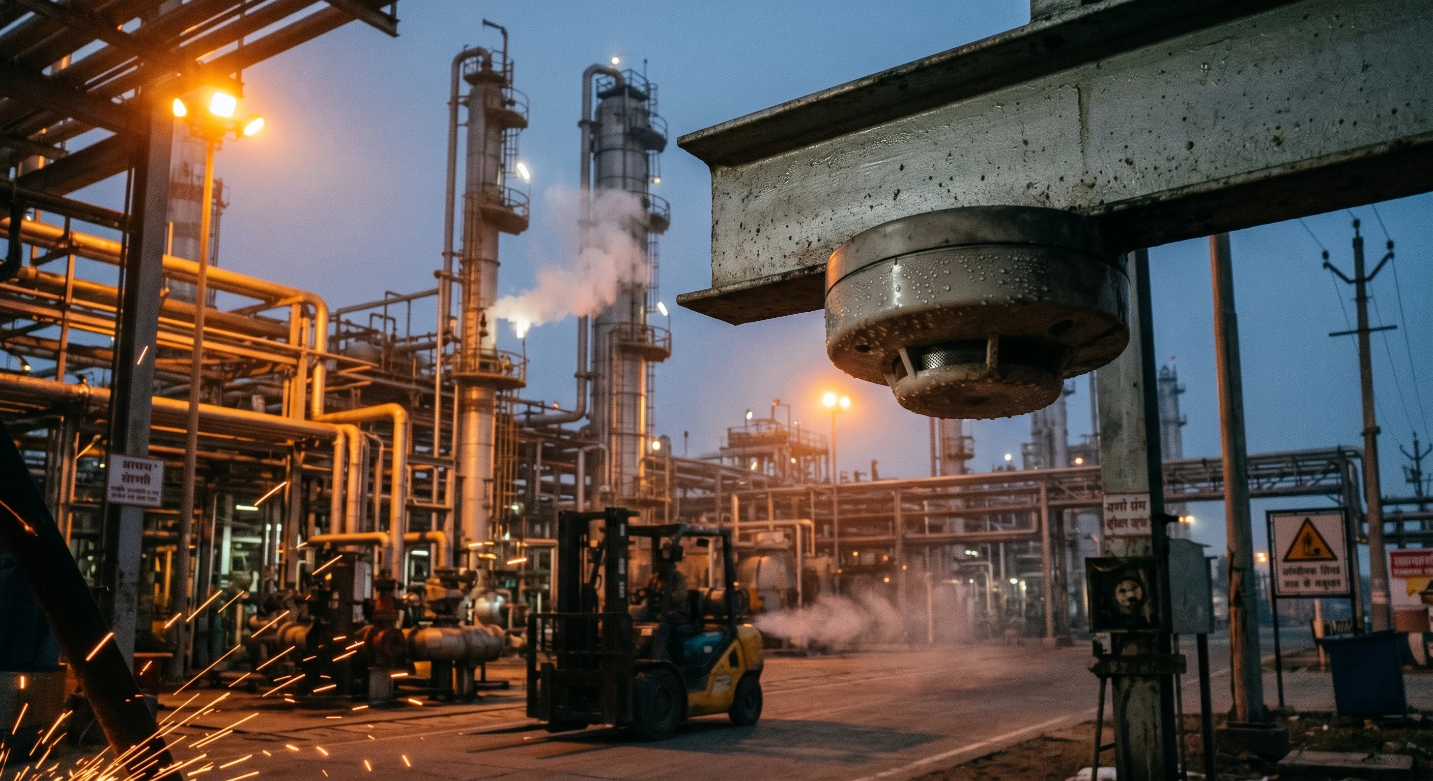 Industrial refinery with dust and steam showing sensor blind spots
